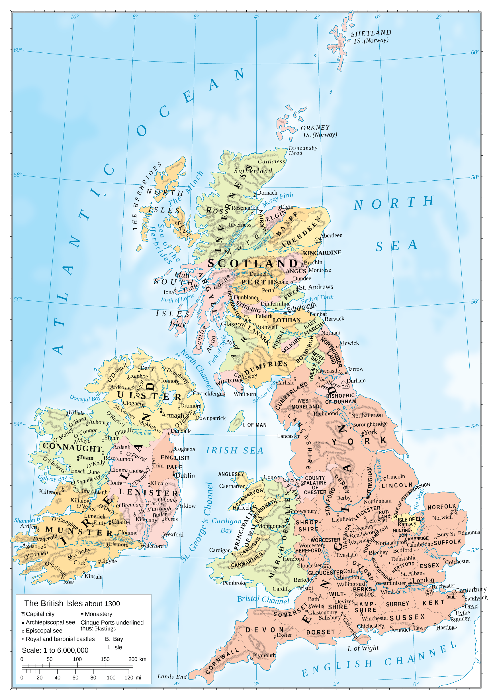 Historisk översiktskarta över de brittiska öarna omkring år 1300