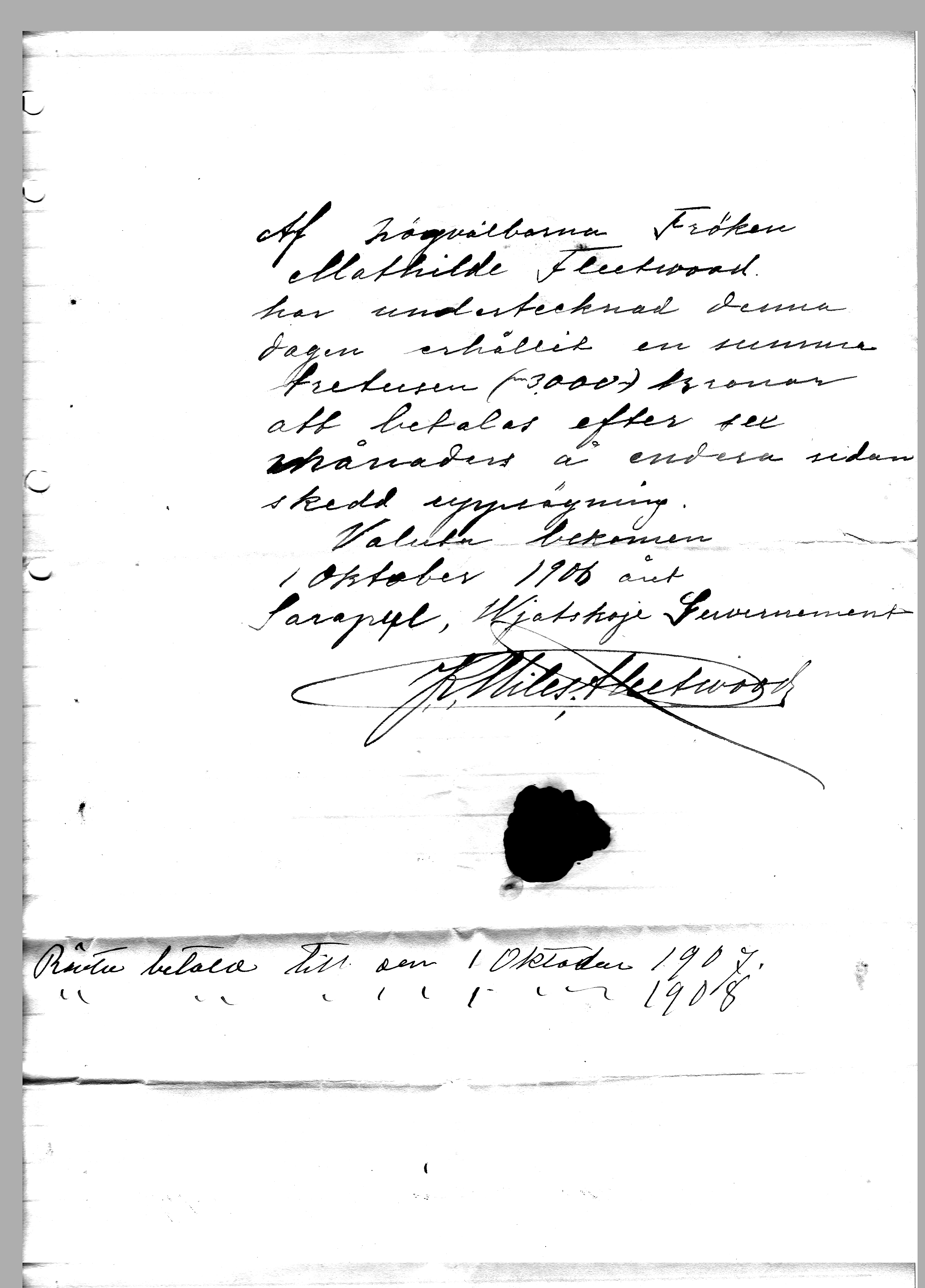 Skuldförbindelse på 3000 kronor från 1906