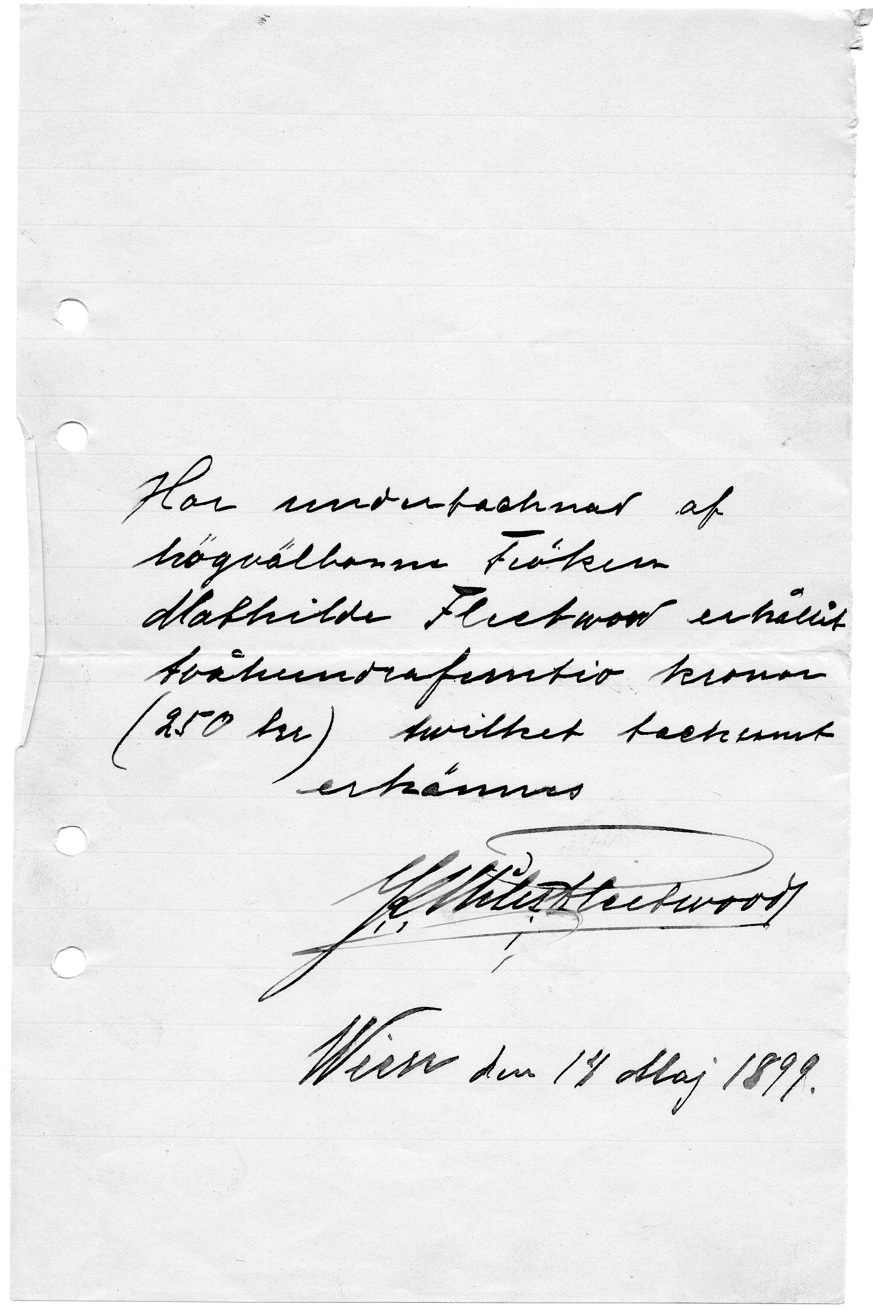 Kvitto på 250 kronor från Mathilde till Miles 1899